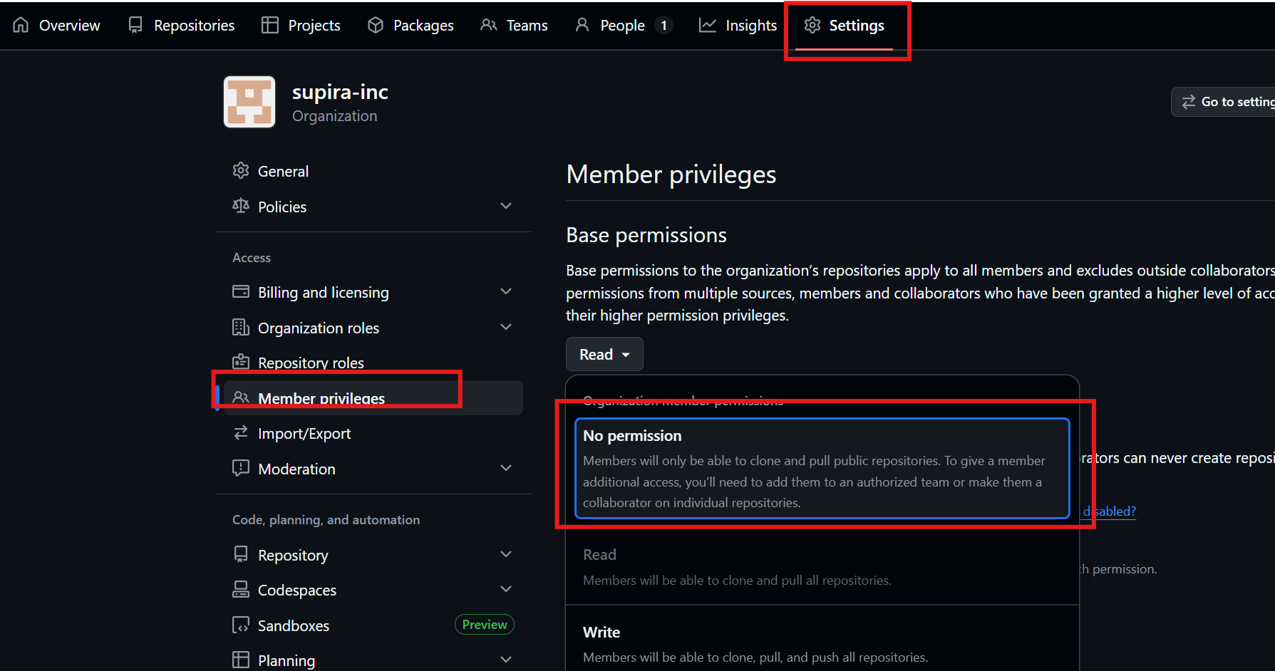 Member privileges の Base permissions ドロップダウンで No permission を選ぶ画面
